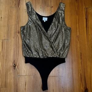 Dee Elly gold sequin plunge neckline tank bodysuit SIZE S